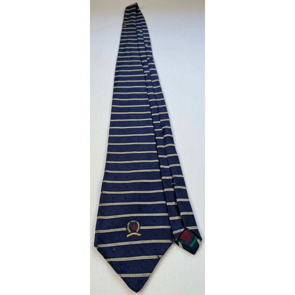 Tommy Hilfiger Mens Silk Tie Navy Gold Stripe Crest USA Classic Designer